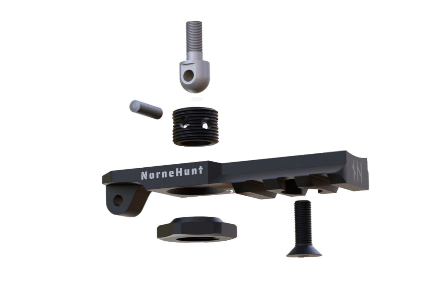 A black NorneHunt Picatinny Sling Adapter with various components laid out, including screws and a rail system.